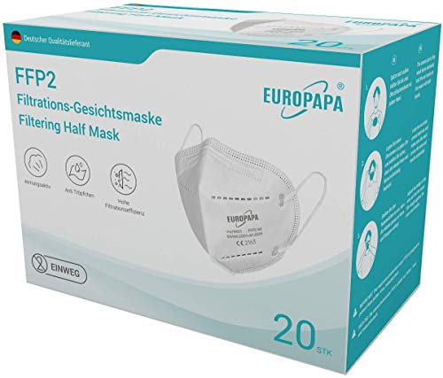 EUROPAPA 20x FFP2 Atemschutzmaske 5-Lagen Staubschutzmasken hygienisch einzelverpackt CE Stelle zertifiziert Mundschutzmaske EU 2016/425