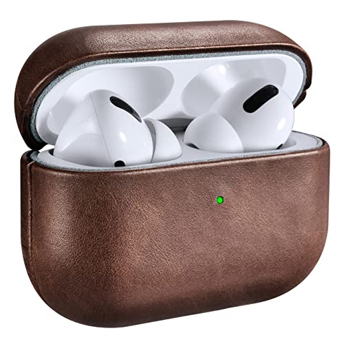 Ledertasche für AirPods Pro, ICARERSPACE Premium Echtleder Stoßfeste Schutzhülle für Apple AirPods Pro Ohrhörer Ladehülle (LED sichtbar) Unterstützt kabelloses Ladegerät BRAUN